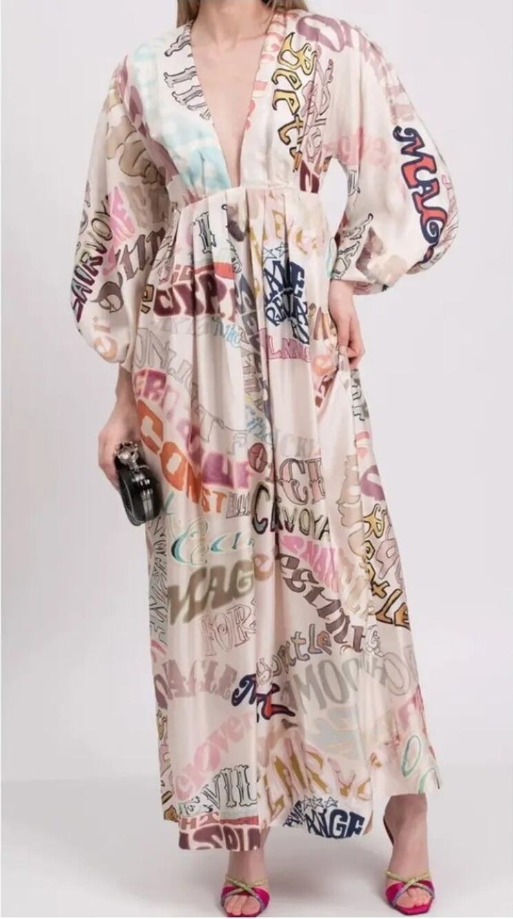 Zimmermann Ladybeetle Word Midi Dress Silk Balloon Sleeve Deep V Plunge Size 0P